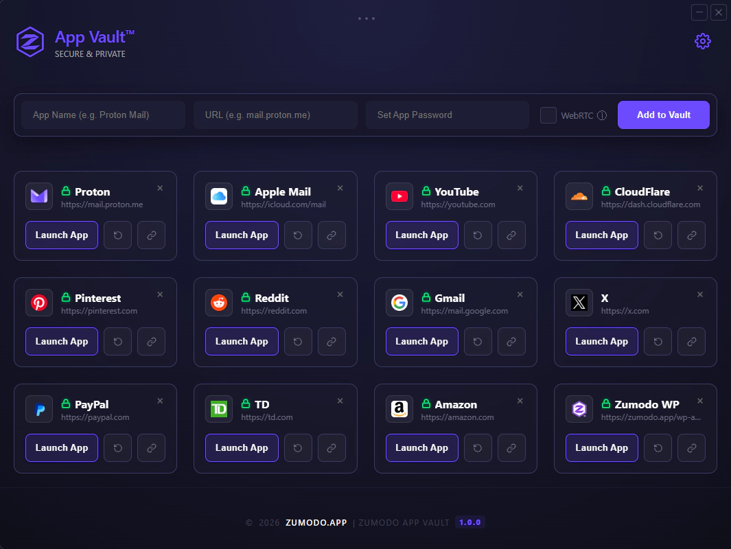 ZUMODO App Vault interface screenshot